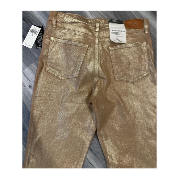 Lauren by Ralph Lauren High Rise Comfort Straight Jeans Belle Wash Metallic Gold - Picture 8 of 10